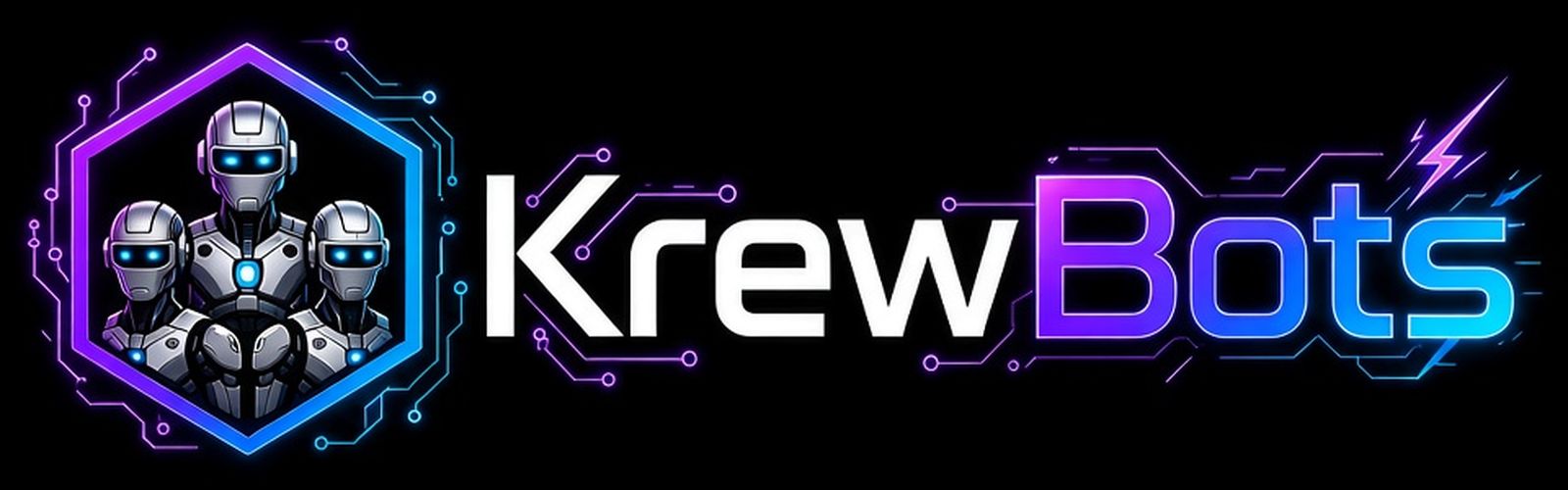 KrewBots logo: three armoured robots inside a neon hexagon